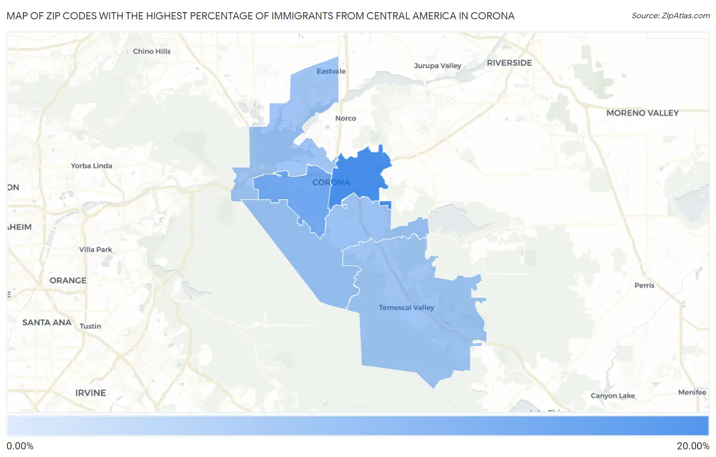 Zip Codes with the Highest Percentage of Immigrants from Central America in Corona Map