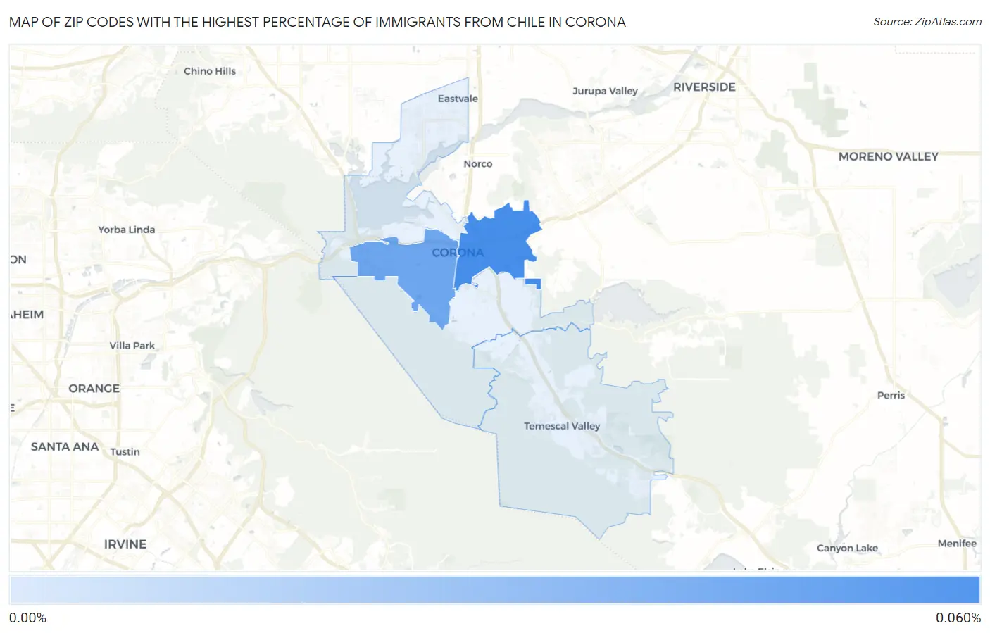 Zip Codes with the Highest Percentage of Immigrants from Chile in Corona Map