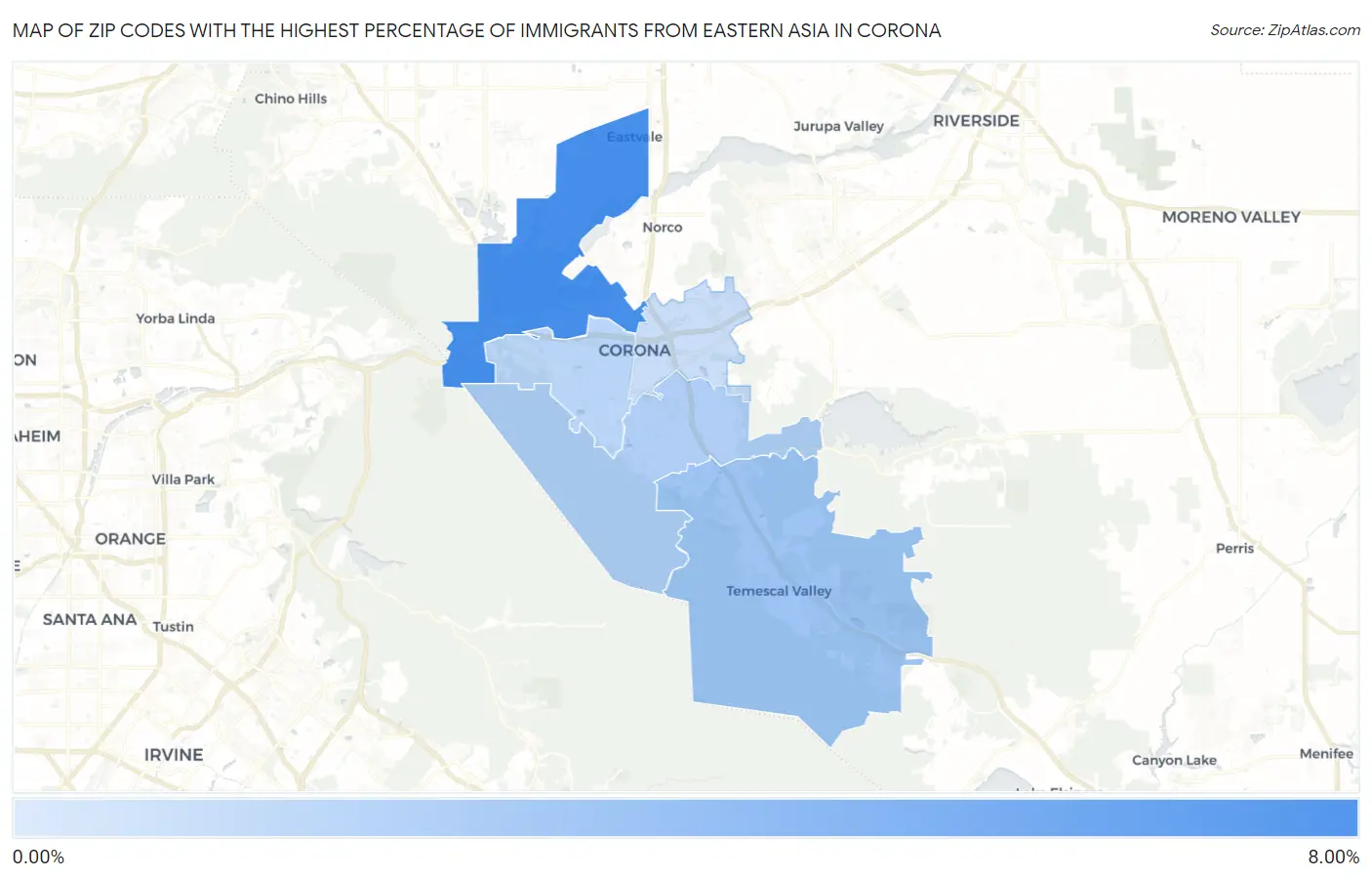 Zip Codes with the Highest Percentage of Immigrants from Eastern Asia in Corona Map