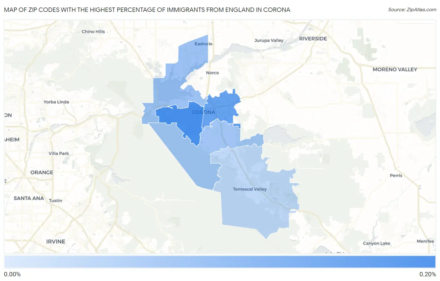 Zip Codes with the Highest Percentage of Immigrants from England in Corona Map