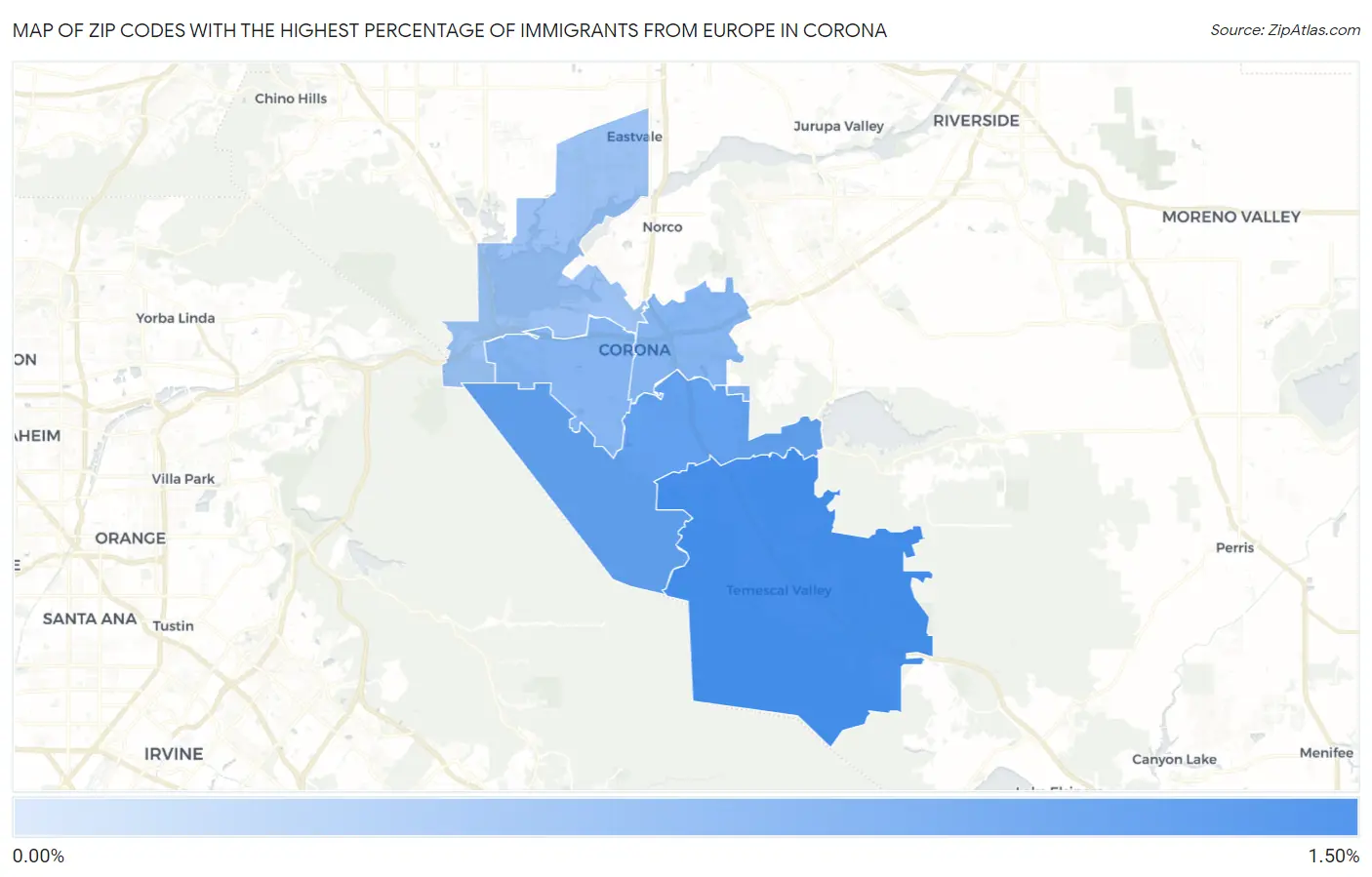 Zip Codes with the Highest Percentage of Immigrants from Europe in Corona Map