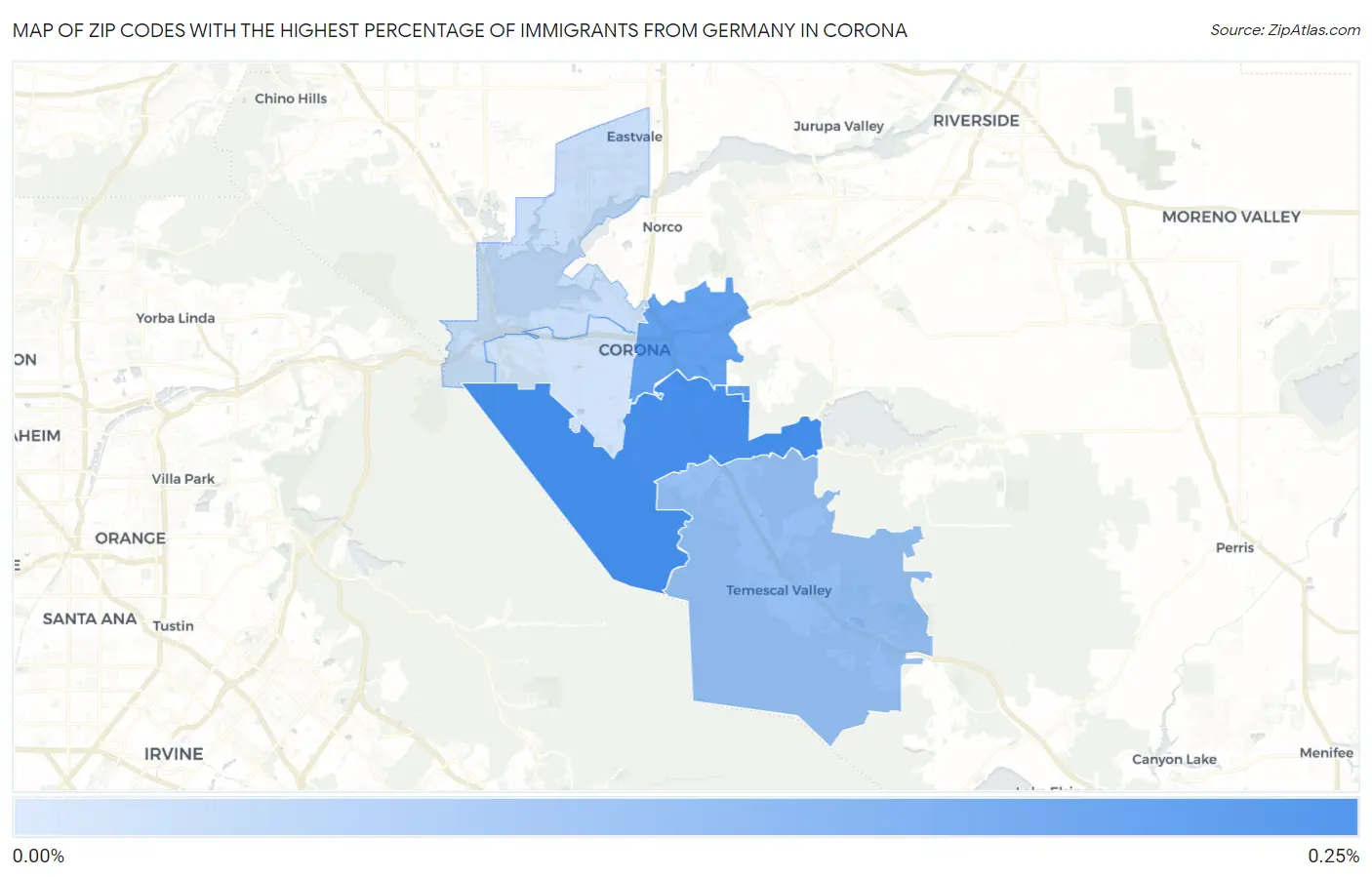 Zip Codes with the Highest Percentage of Immigrants from Germany in Corona Map