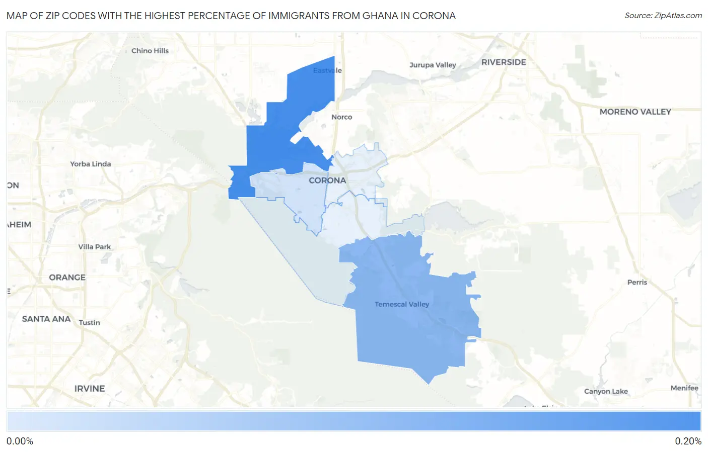 Zip Codes with the Highest Percentage of Immigrants from Ghana in Corona Map