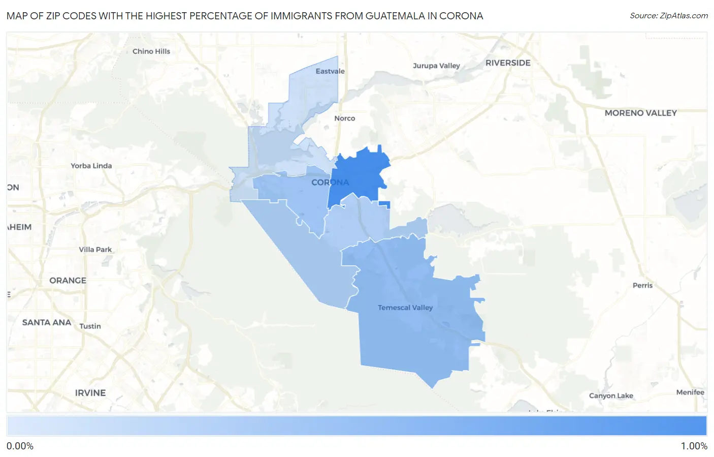 Zip Codes with the Highest Percentage of Immigrants from Guatemala in Corona Map