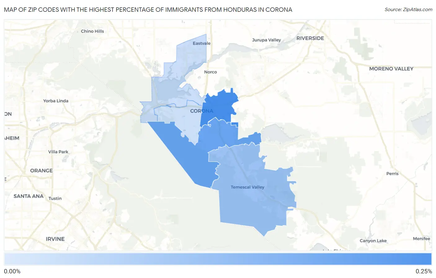Zip Codes with the Highest Percentage of Immigrants from Honduras in Corona Map