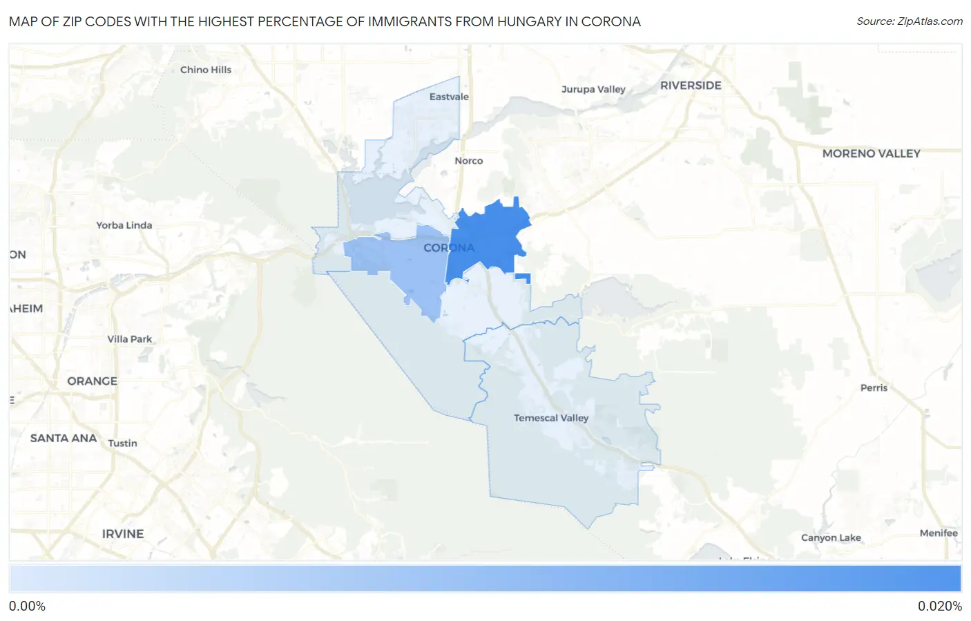 Zip Codes with the Highest Percentage of Immigrants from Hungary in Corona Map
