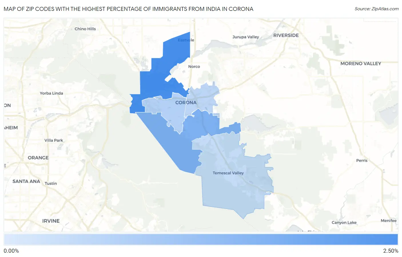 Zip Codes with the Highest Percentage of Immigrants from India in Corona Map