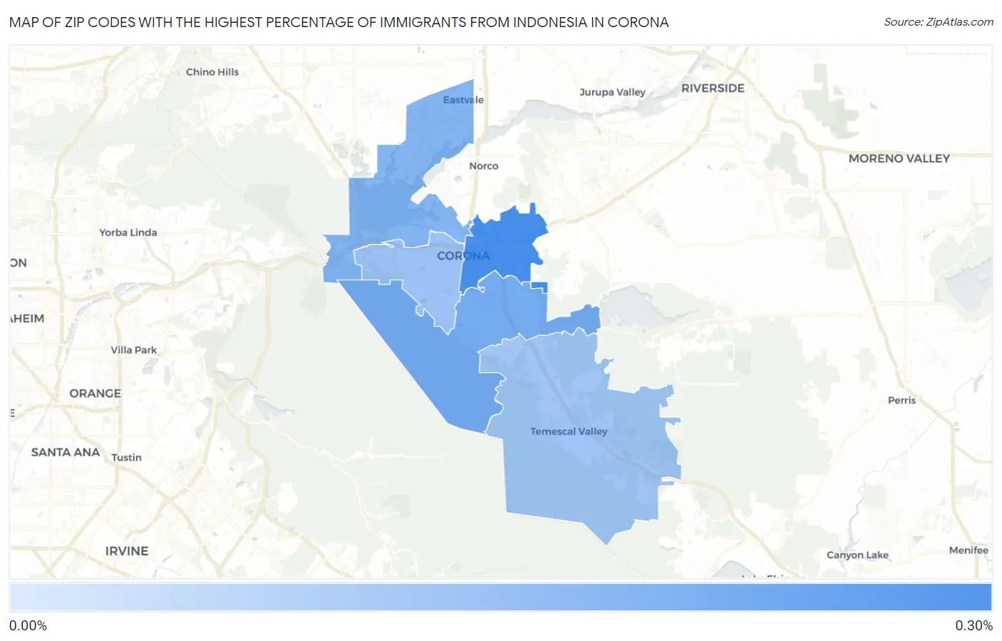 Zip Codes with the Highest Percentage of Immigrants from Indonesia in Corona Map