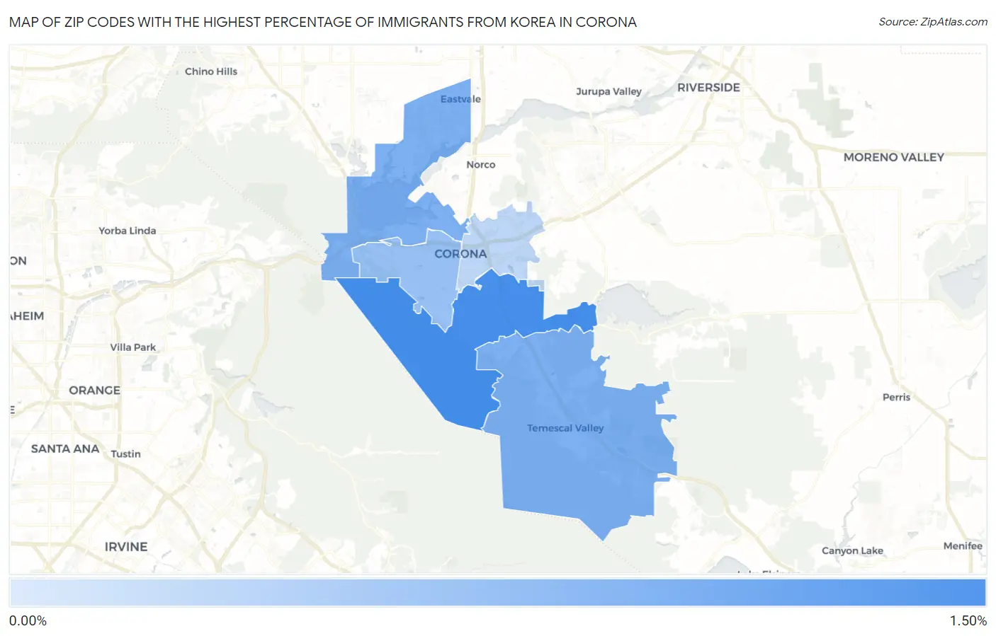 Zip Codes with the Highest Percentage of Immigrants from Korea in Corona Map
