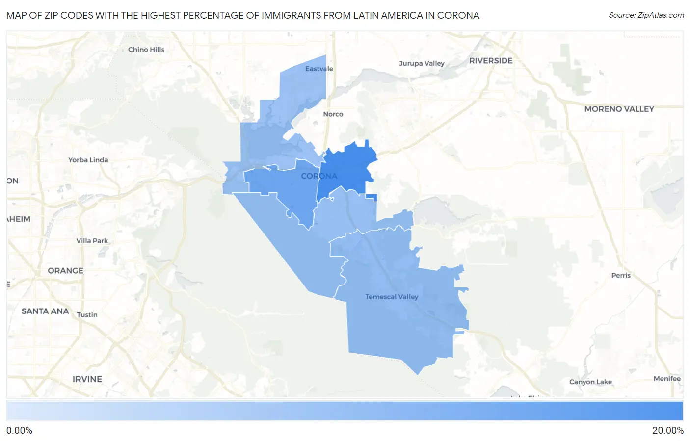 Zip Codes with the Highest Percentage of Immigrants from Latin America in Corona Map