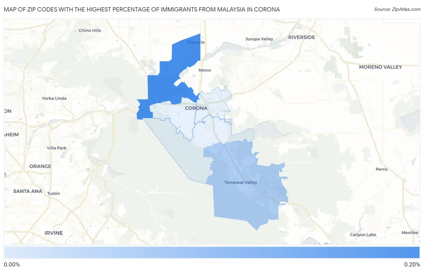 Zip Codes with the Highest Percentage of Immigrants from Malaysia in Corona Map