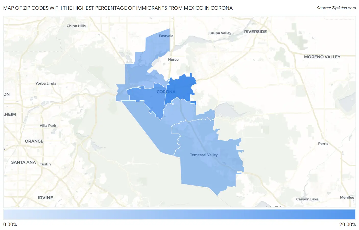 Zip Codes with the Highest Percentage of Immigrants from Mexico in Corona Map