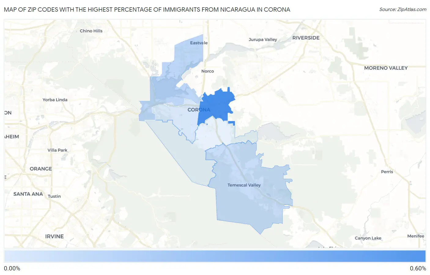 Zip Codes with the Highest Percentage of Immigrants from Nicaragua in Corona Map