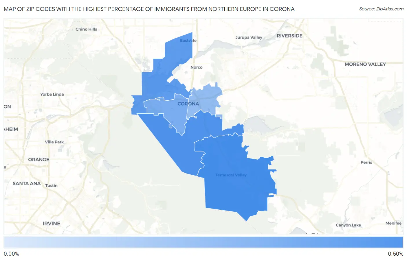 Zip Codes with the Highest Percentage of Immigrants from Northern Europe in Corona Map