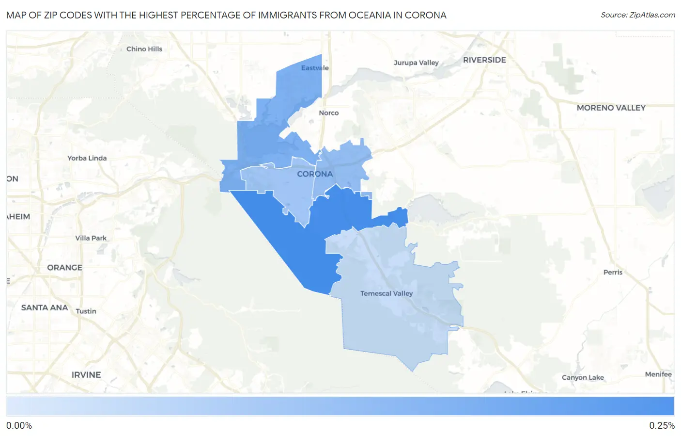 Zip Codes with the Highest Percentage of Immigrants from Oceania in Corona Map