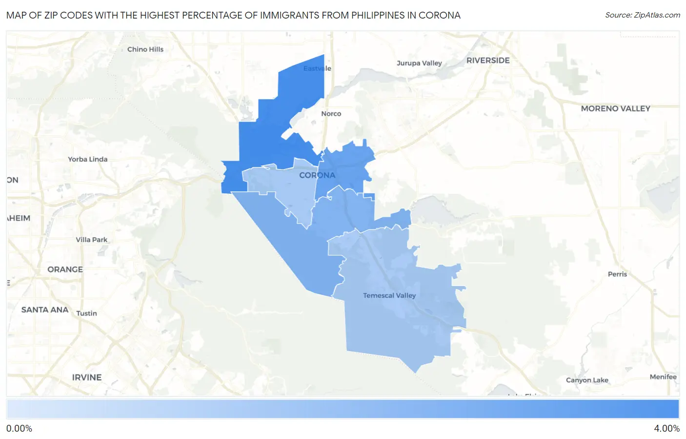 Zip Codes with the Highest Percentage of Immigrants from Philippines in Corona Map