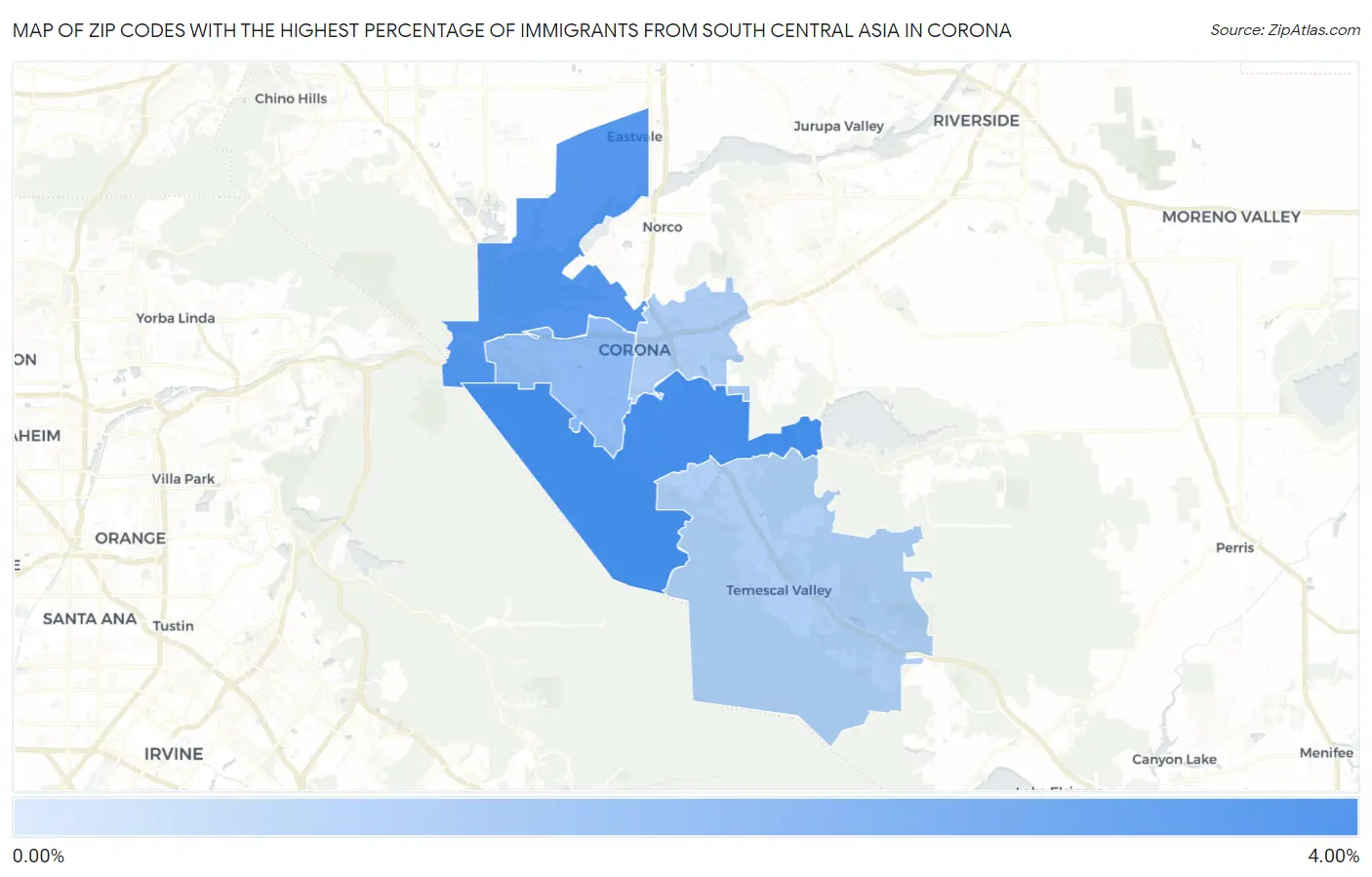 Zip Codes with the Highest Percentage of Immigrants from South Central Asia in Corona Map