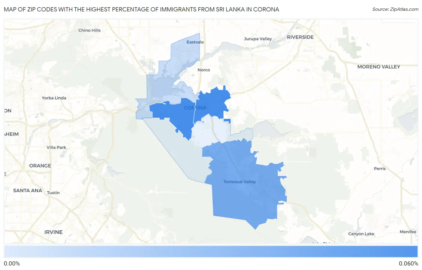 Zip Codes with the Highest Percentage of Immigrants from Sri Lanka in Corona Map