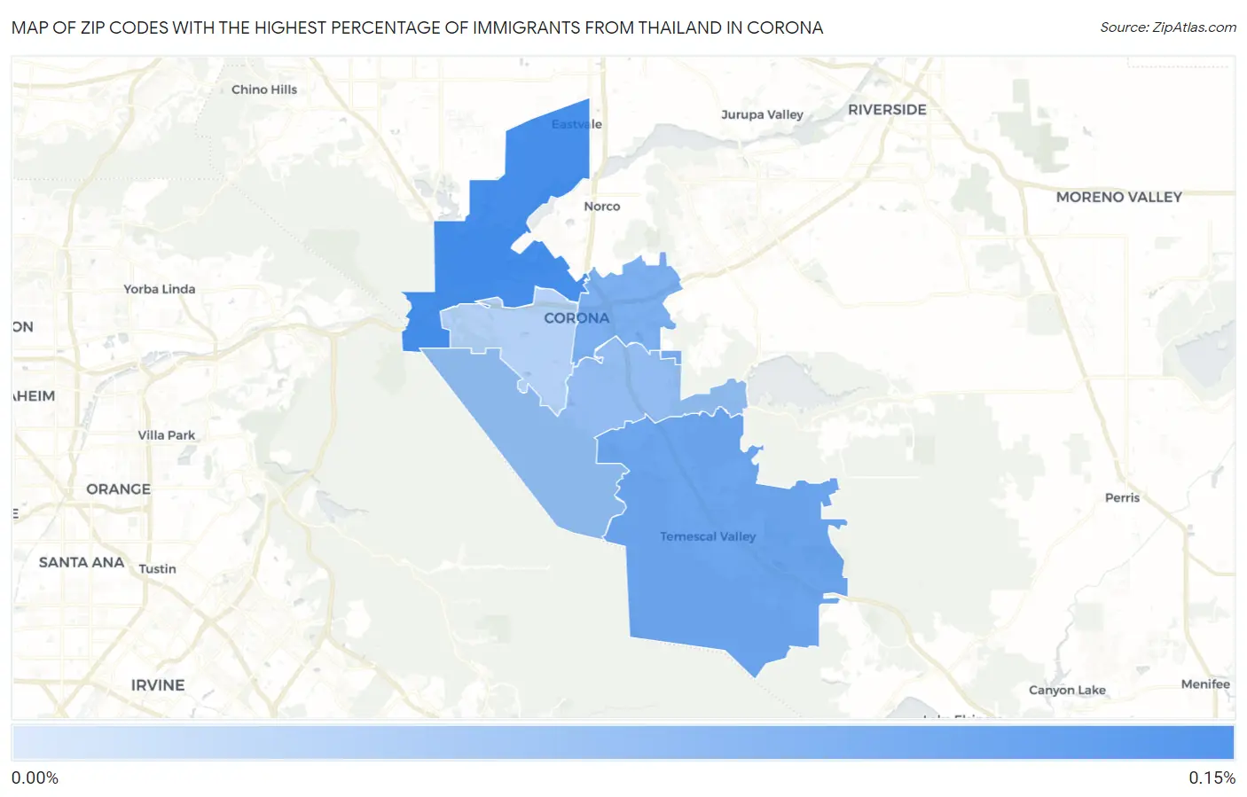 Zip Codes with the Highest Percentage of Immigrants from Thailand in Corona Map