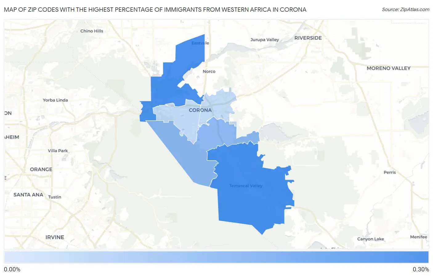 Zip Codes with the Highest Percentage of Immigrants from Western Africa in Corona Map
