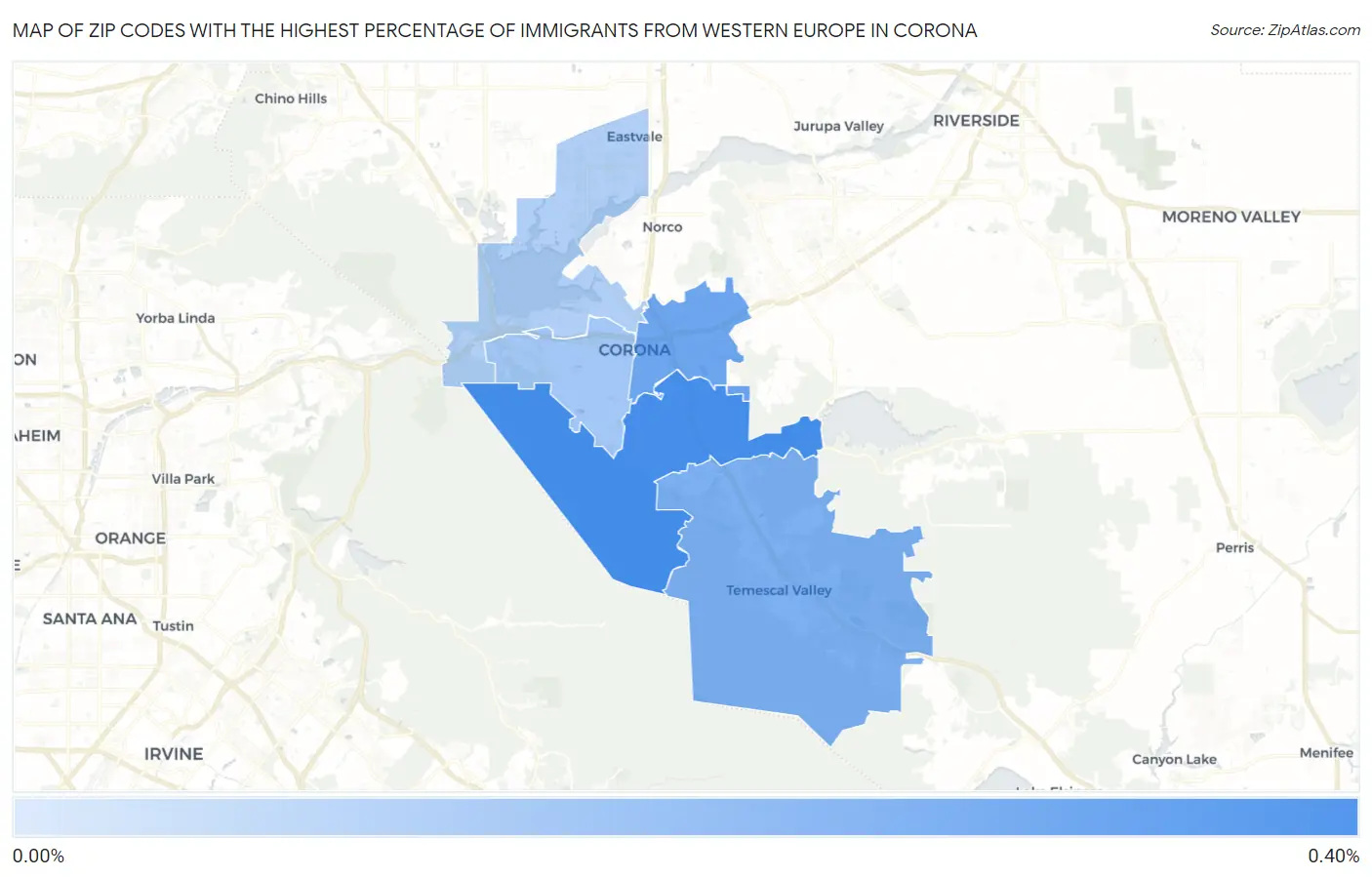Zip Codes with the Highest Percentage of Immigrants from Western Europe in Corona Map