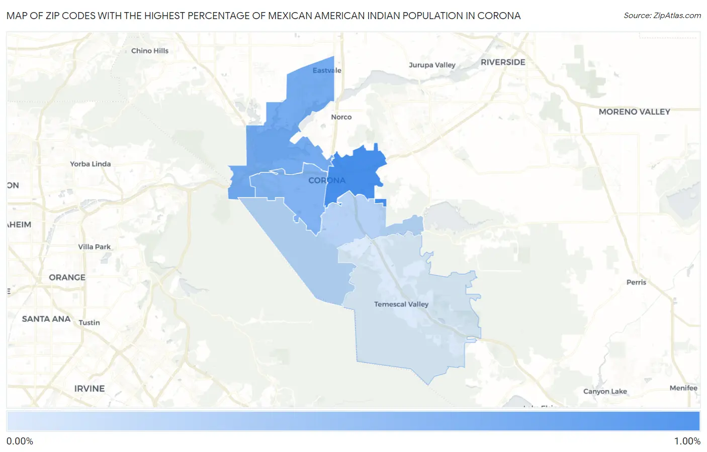 Zip Codes with the Highest Percentage of Mexican American Indian Population in Corona Map