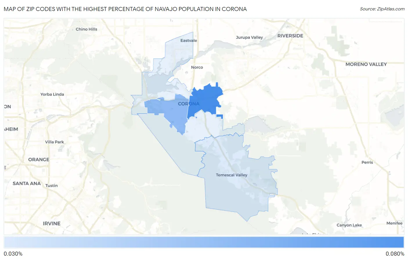 Zip Codes with the Highest Percentage of Navajo Population in Corona Map