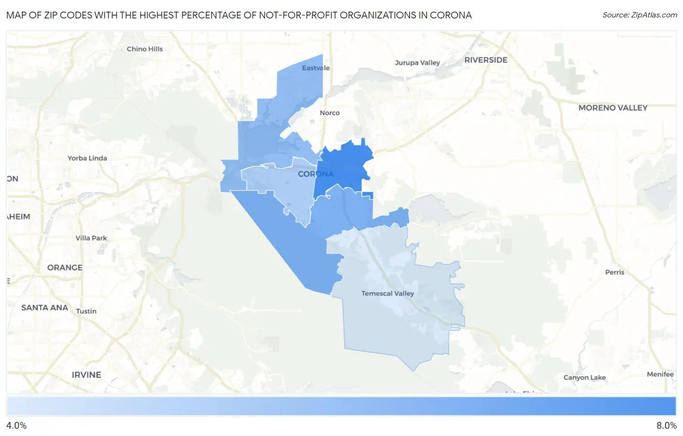 Zip Codes with the Highest Percentage of Not-for-profit Organizations in Corona Map