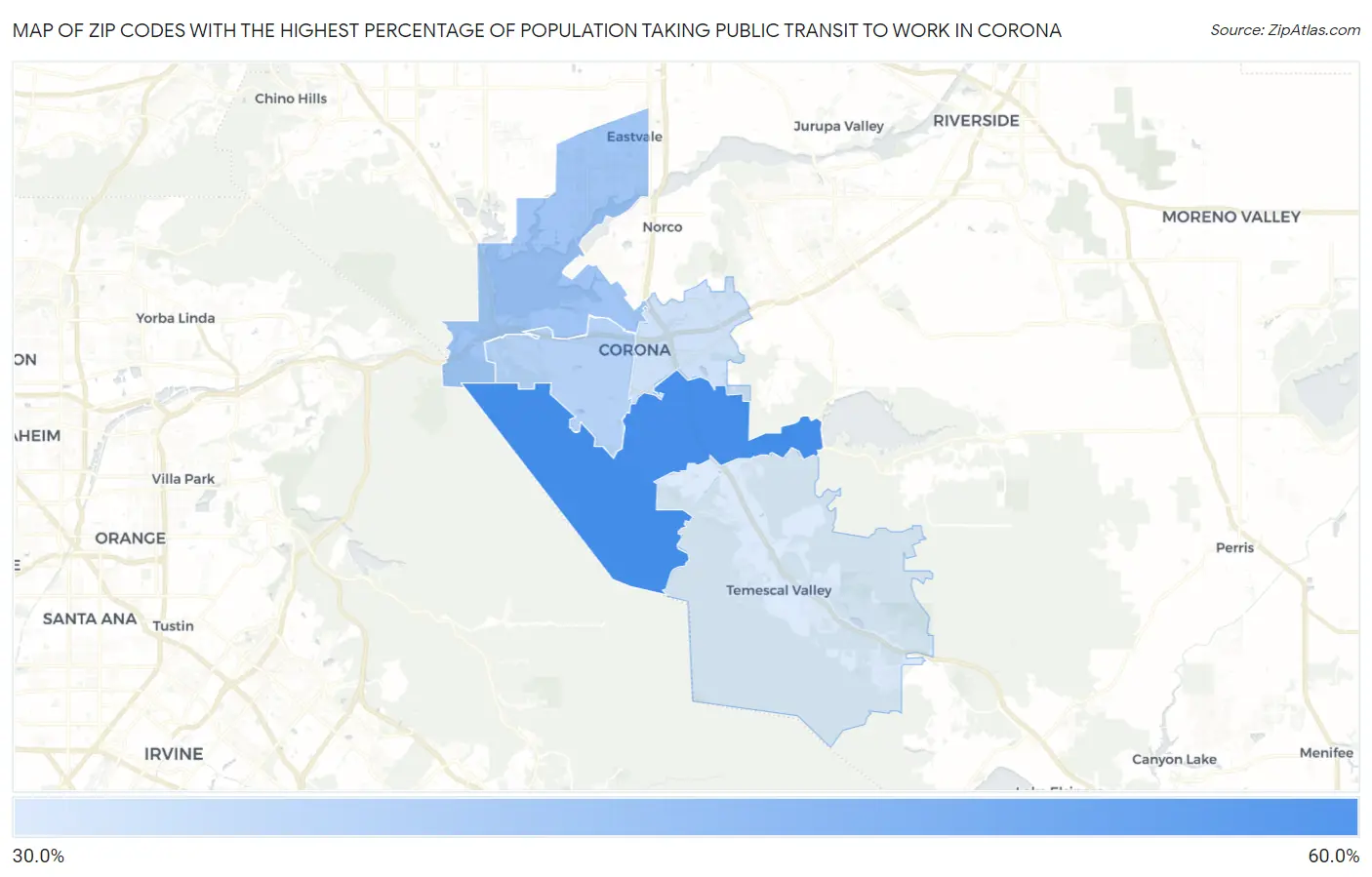 Zip Codes with the Highest Percentage of Population Taking Public Transit to Work in Corona Map