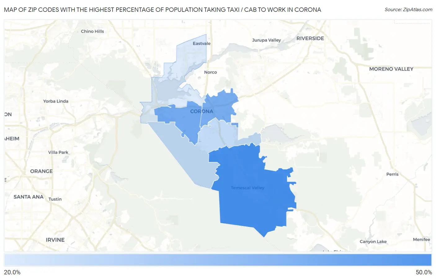 Zip Codes with the Highest Percentage of Population Taking Taxi / Cab to Work in Corona Map
