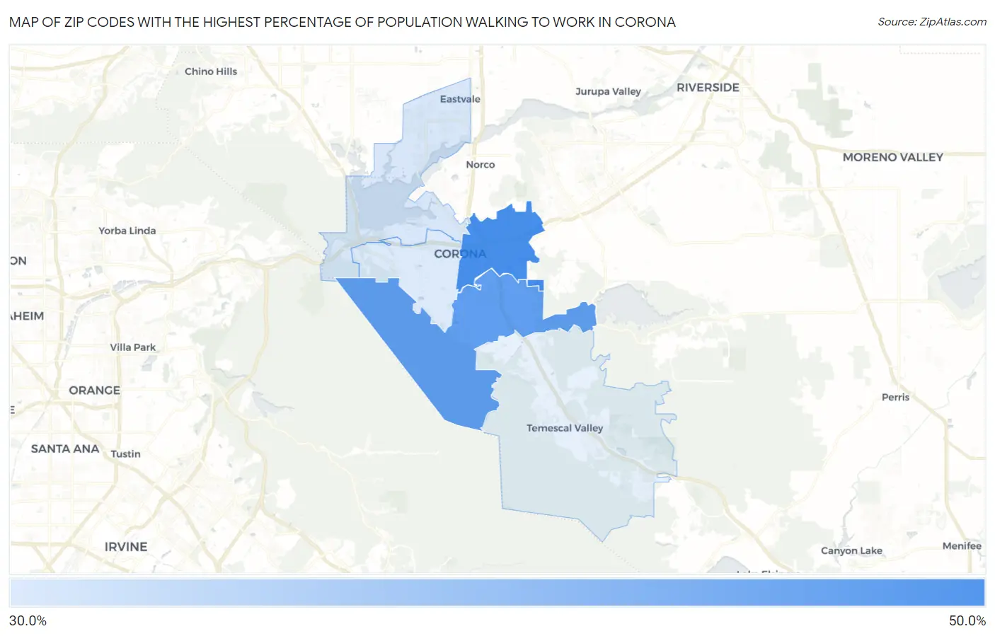 Zip Codes with the Highest Percentage of Population Walking to Work in Corona Map