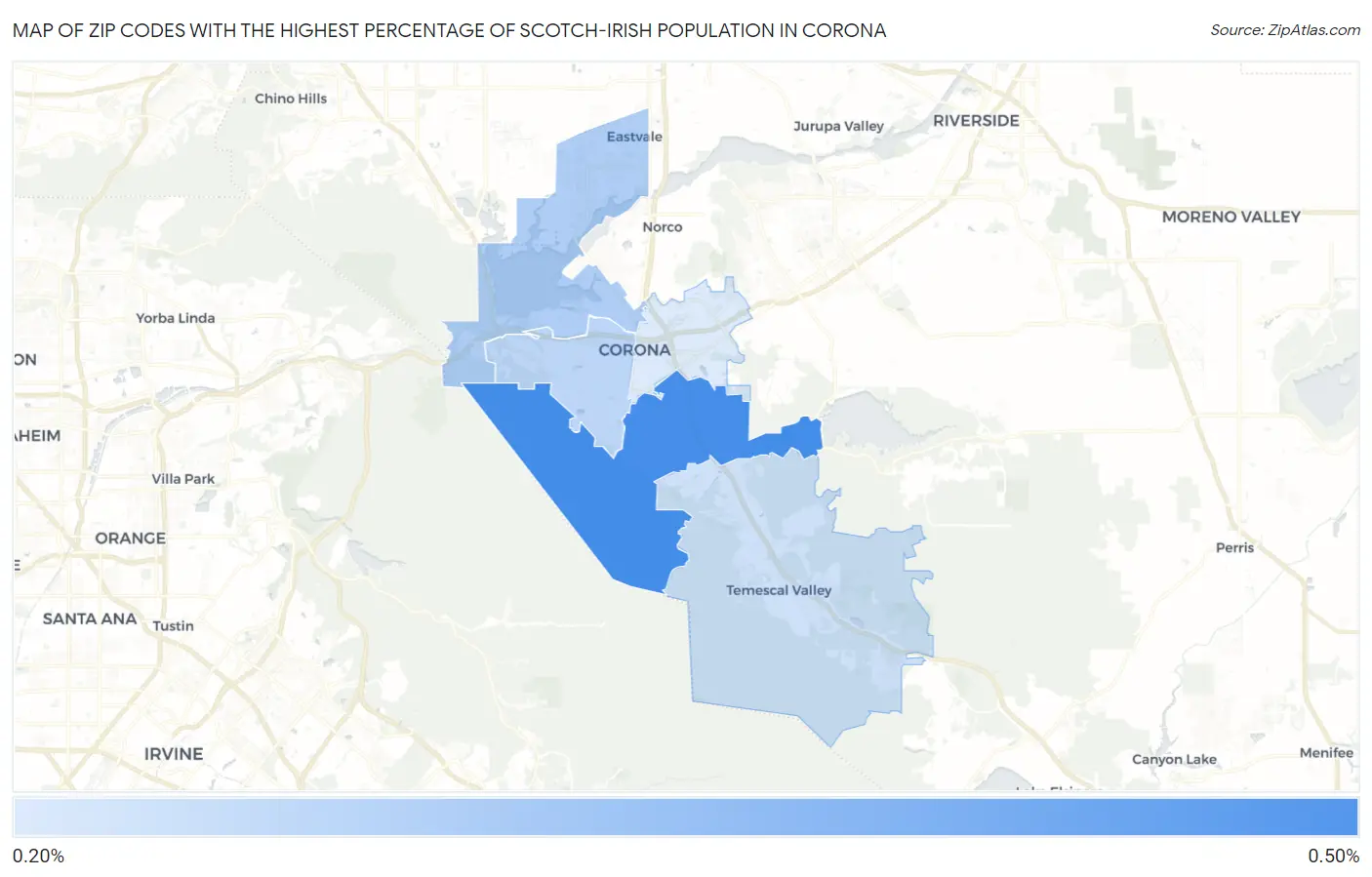 Zip Codes with the Highest Percentage of Scotch-Irish Population in Corona Map