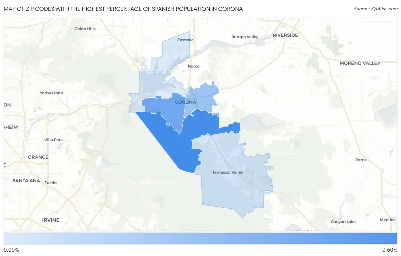 Zip Codes with the Highest Percentage of Spanish Population in Corona Map