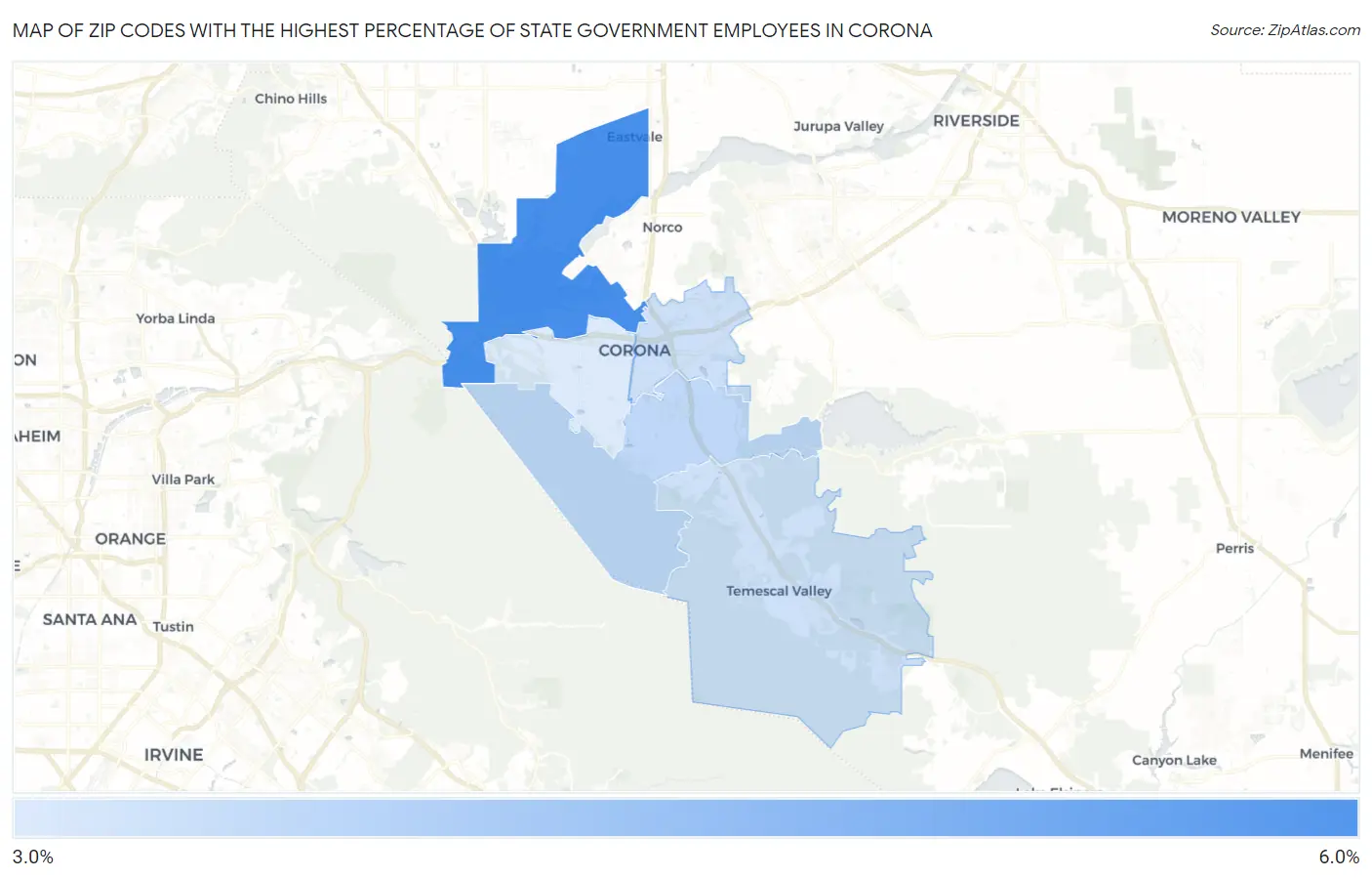 Zip Codes with the Highest Percentage of State Government Employees in Corona Map
