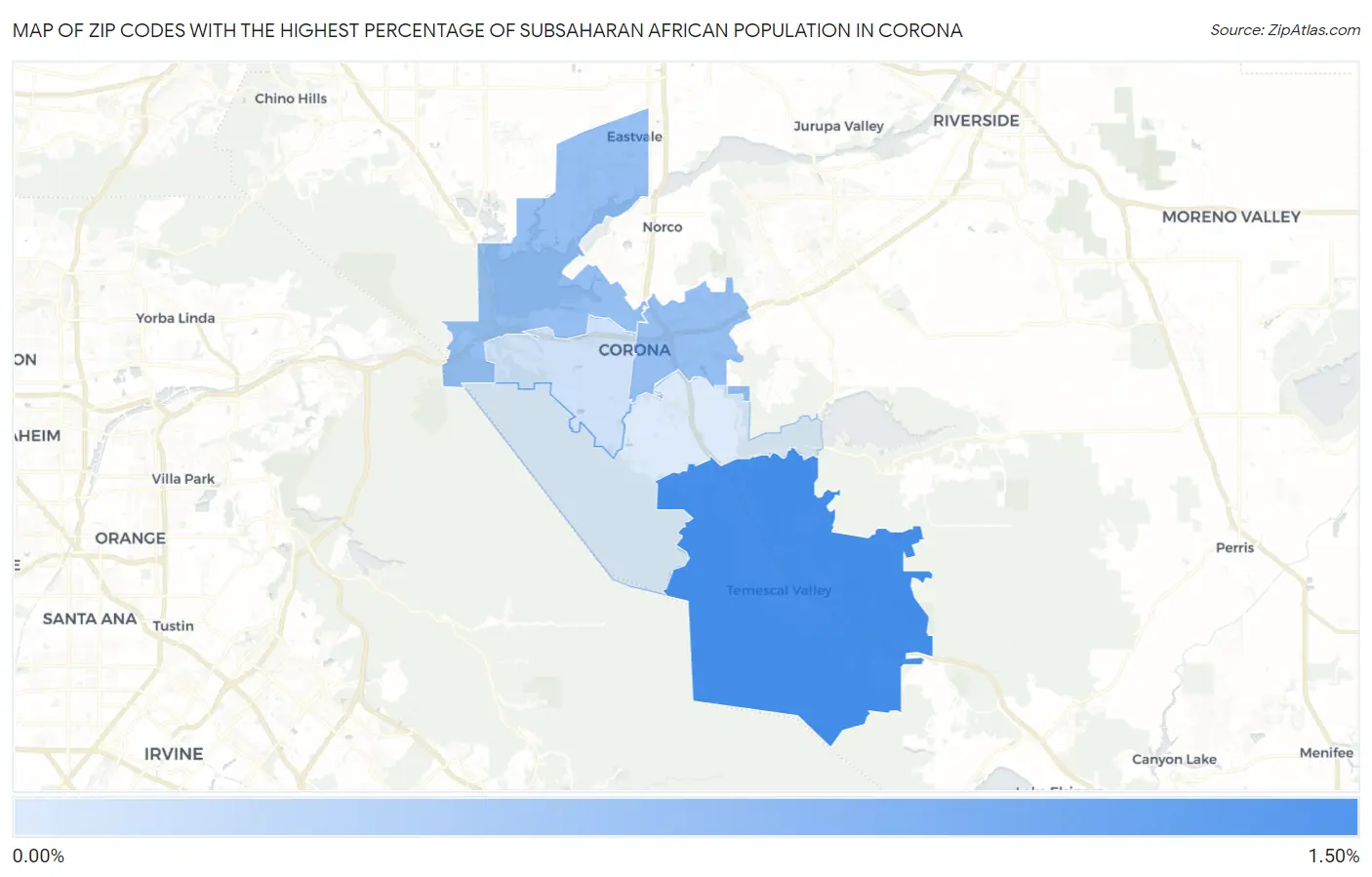 Zip Codes with the Highest Percentage of Subsaharan African Population in Corona Map