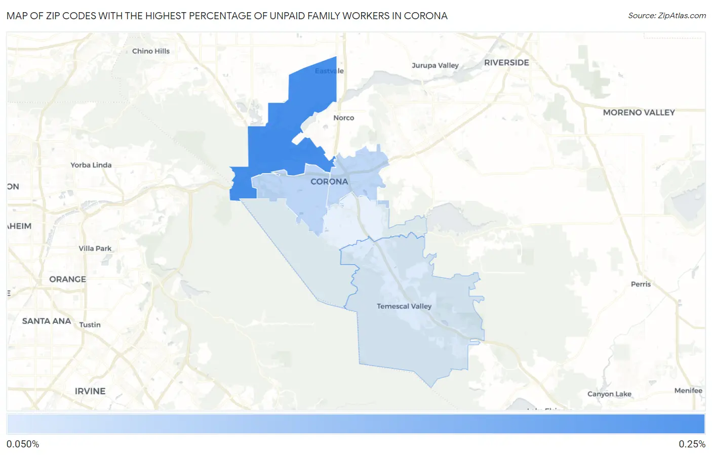 Zip Codes with the Highest Percentage of Unpaid Family Workers in Corona Map