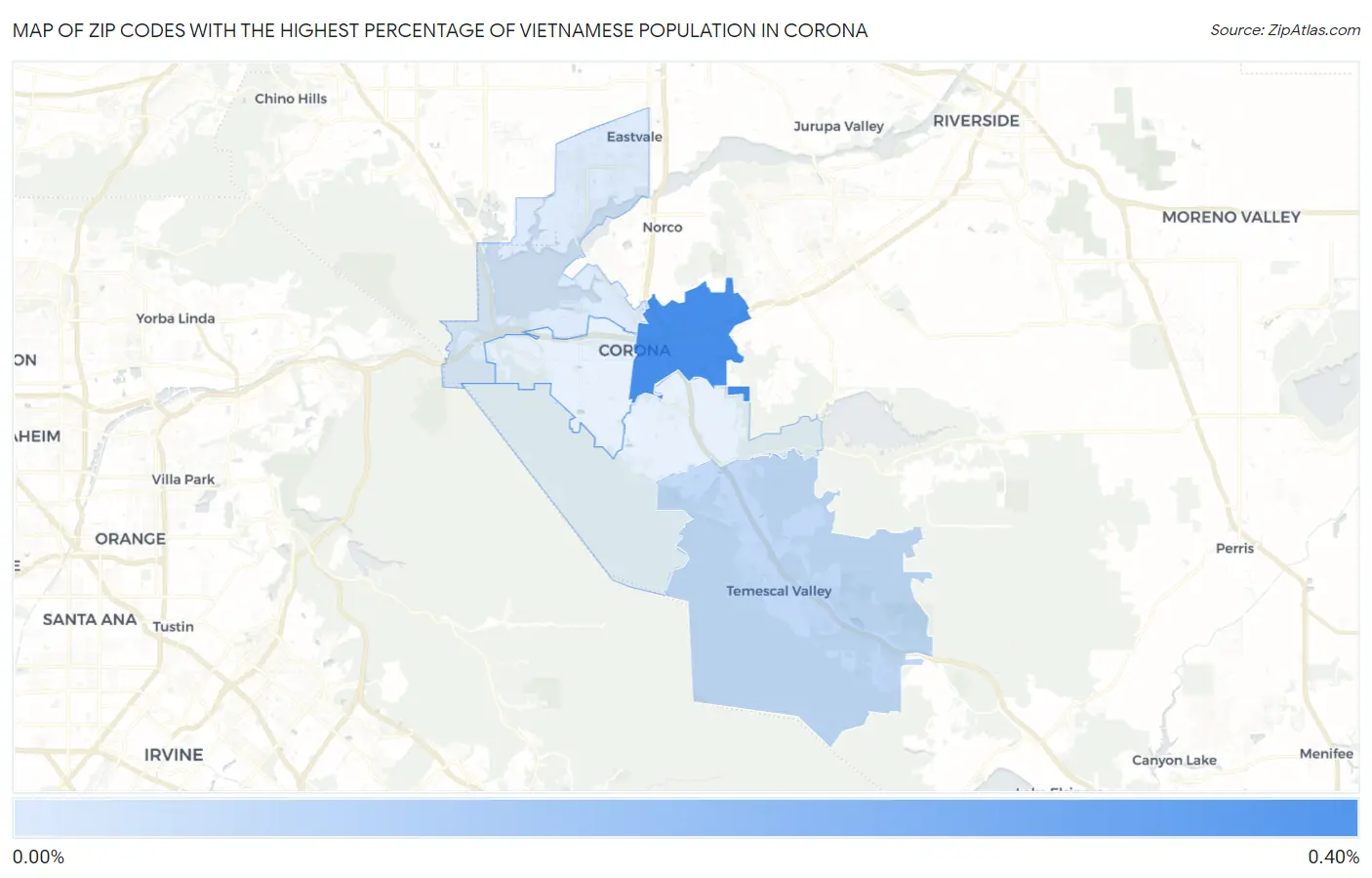 Zip Codes with the Highest Percentage of Vietnamese Population in Corona Map