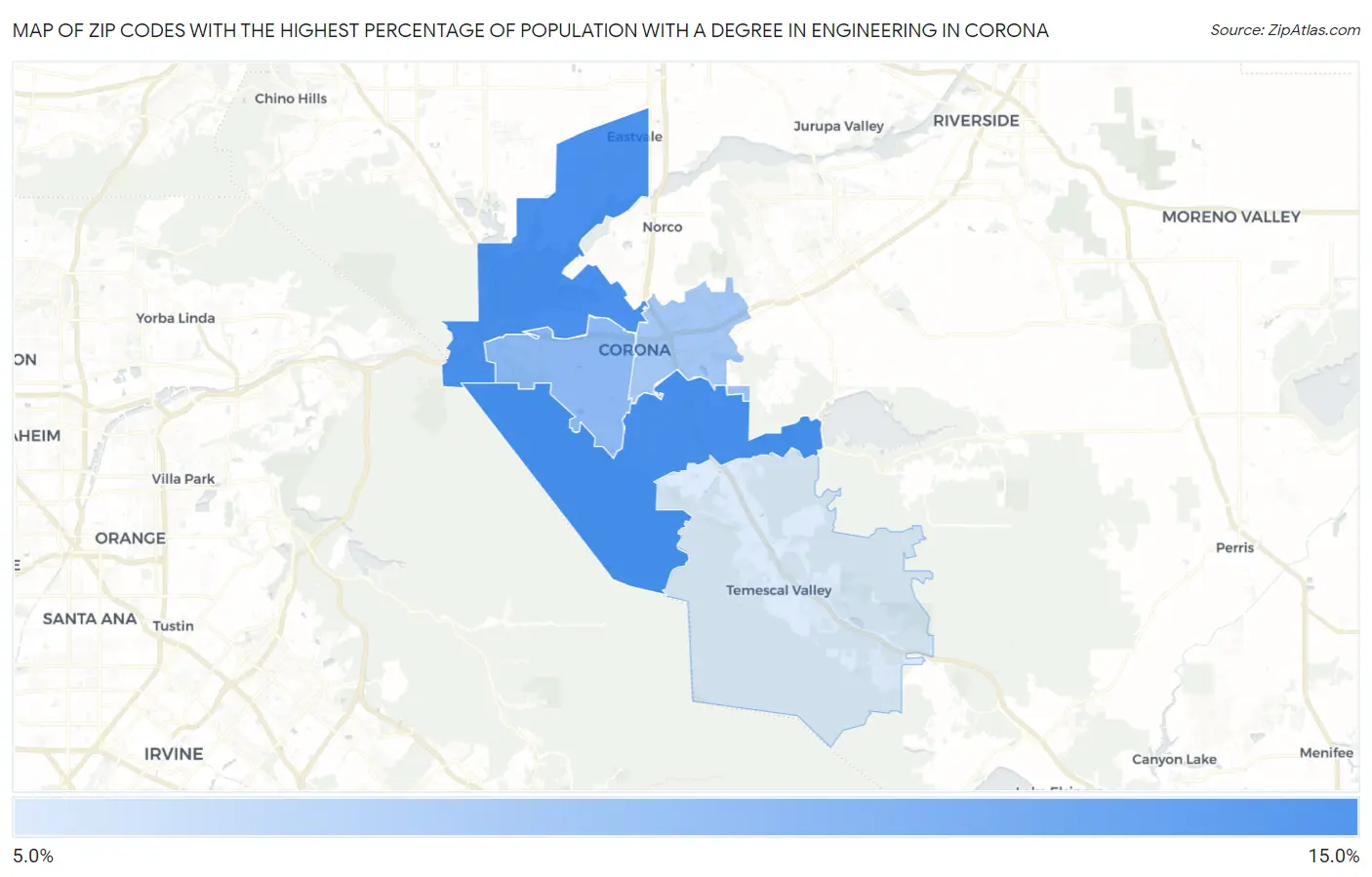 Zip Codes with the Highest Percentage of Population with a Degree in Engineering in Corona Map