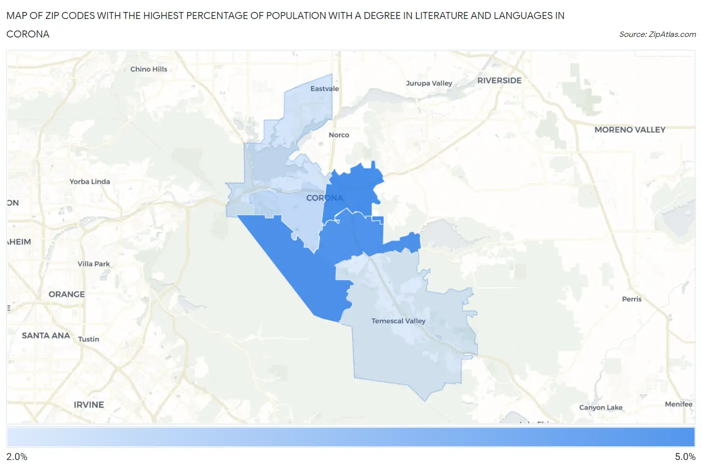 Zip Codes with the Highest Percentage of Population with a Degree in Literature and Languages in Corona Map