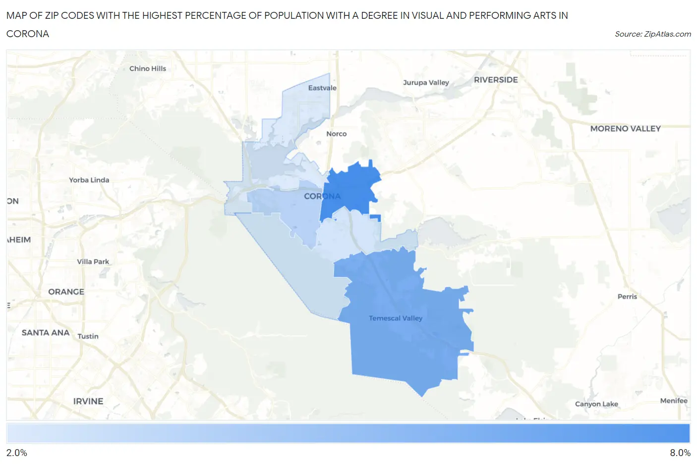 Zip Codes with the Highest Percentage of Population with a Degree in Visual and Performing Arts in Corona Map