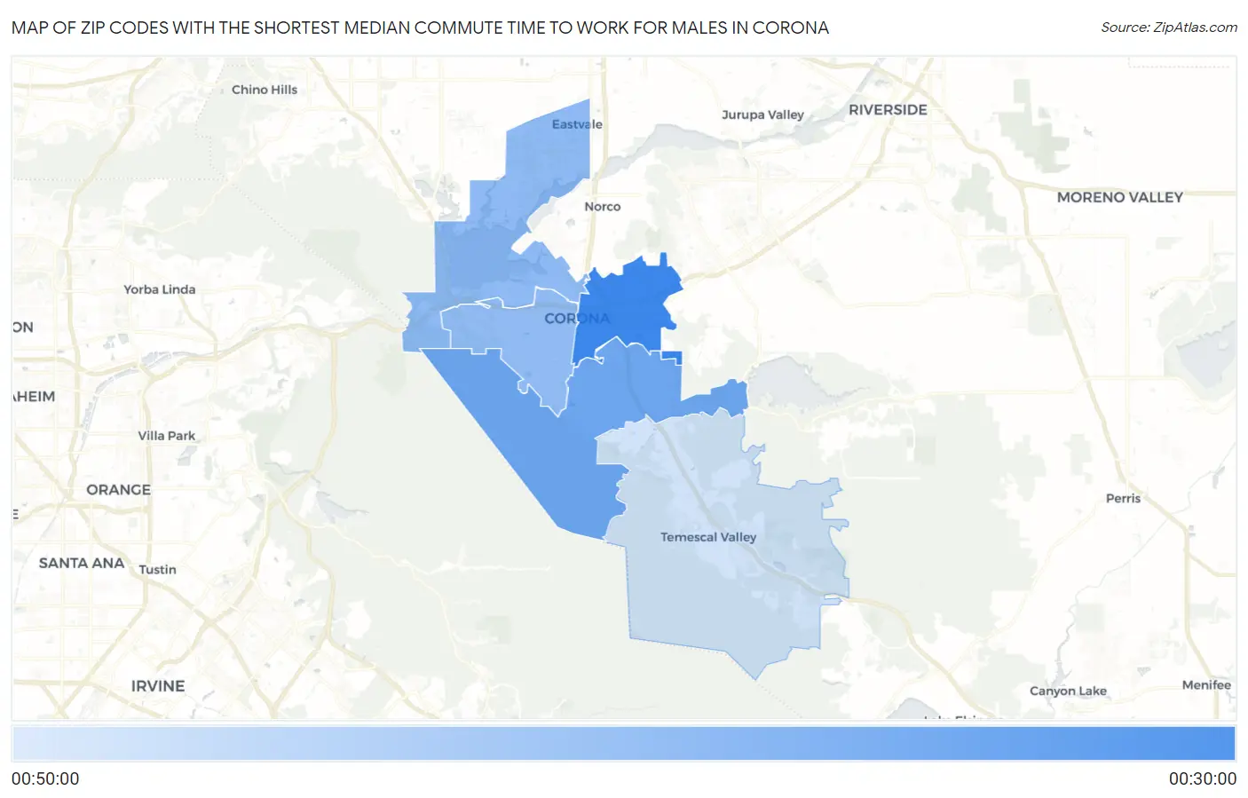 Zip Codes with the Shortest Median Commute Time to Work for Males in Corona Map