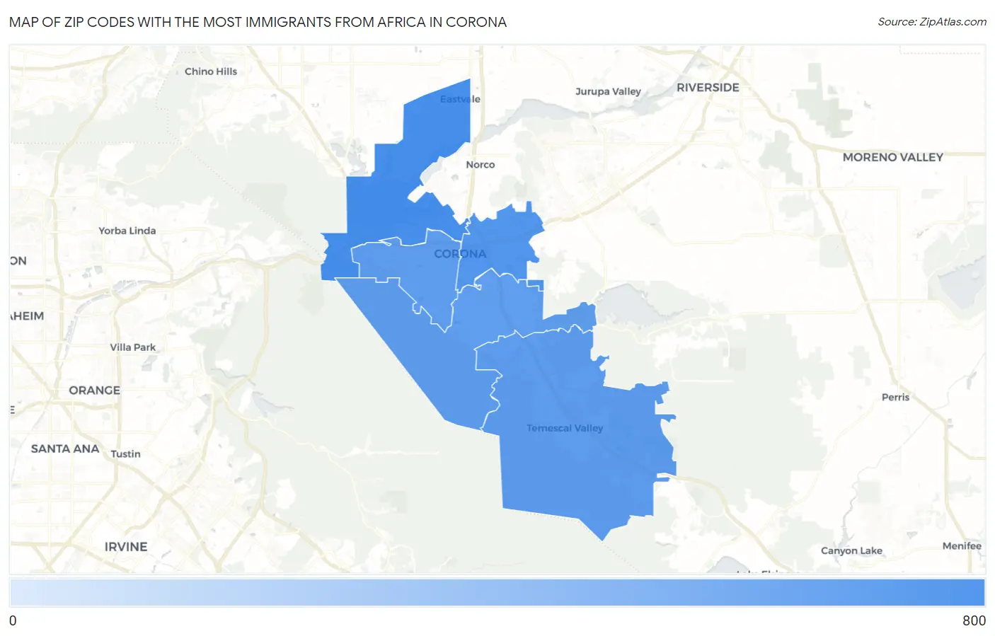 Zip Codes with the Most Immigrants from Africa in Corona Map