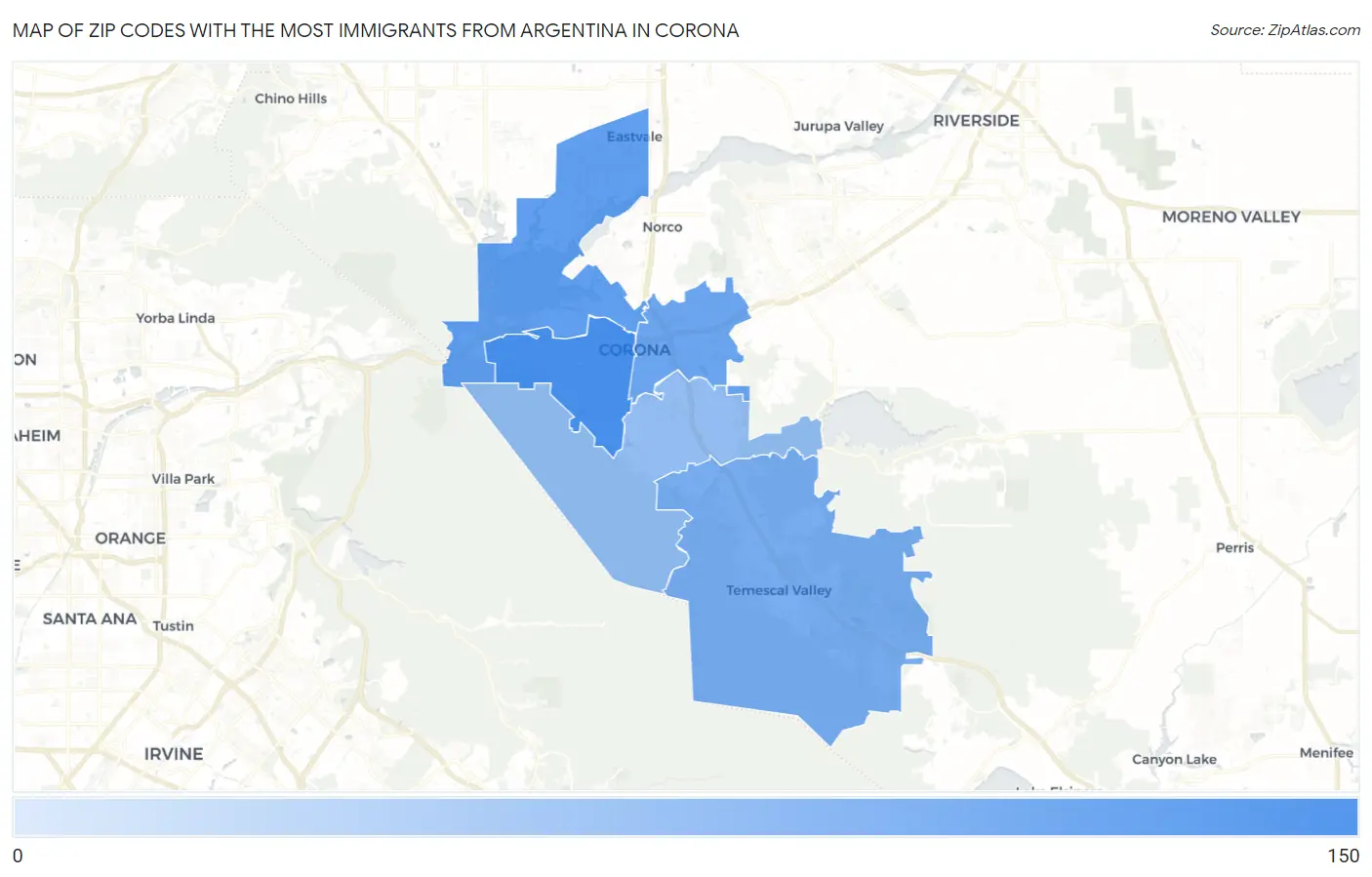 Zip Codes with the Most Immigrants from Argentina in Corona Map