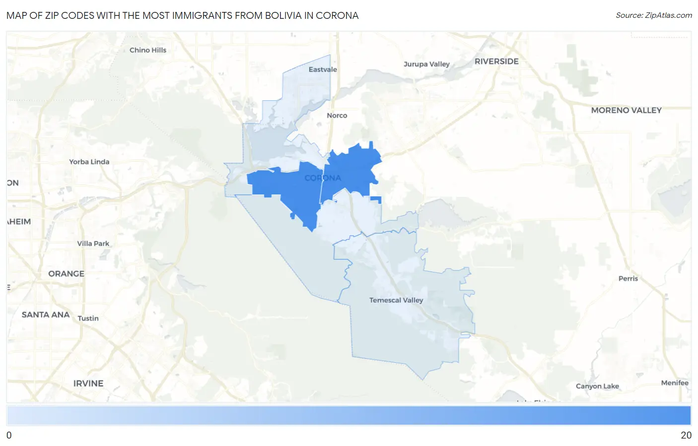 Zip Codes with the Most Immigrants from Bolivia in Corona Map