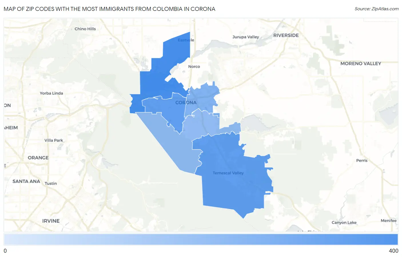 Zip Codes with the Most Immigrants from Colombia in Corona Map