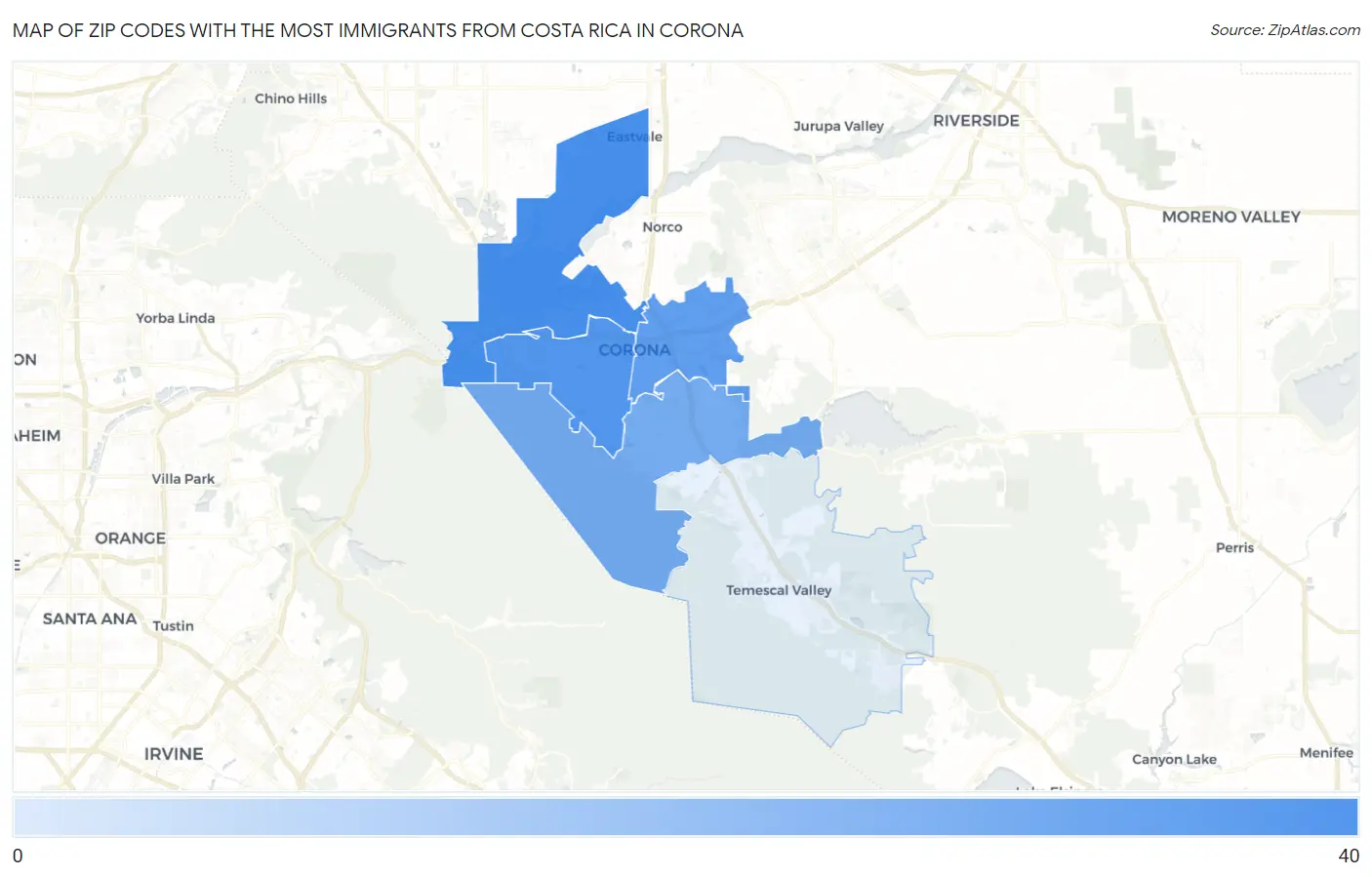 Zip Codes with the Most Immigrants from Costa Rica in Corona Map