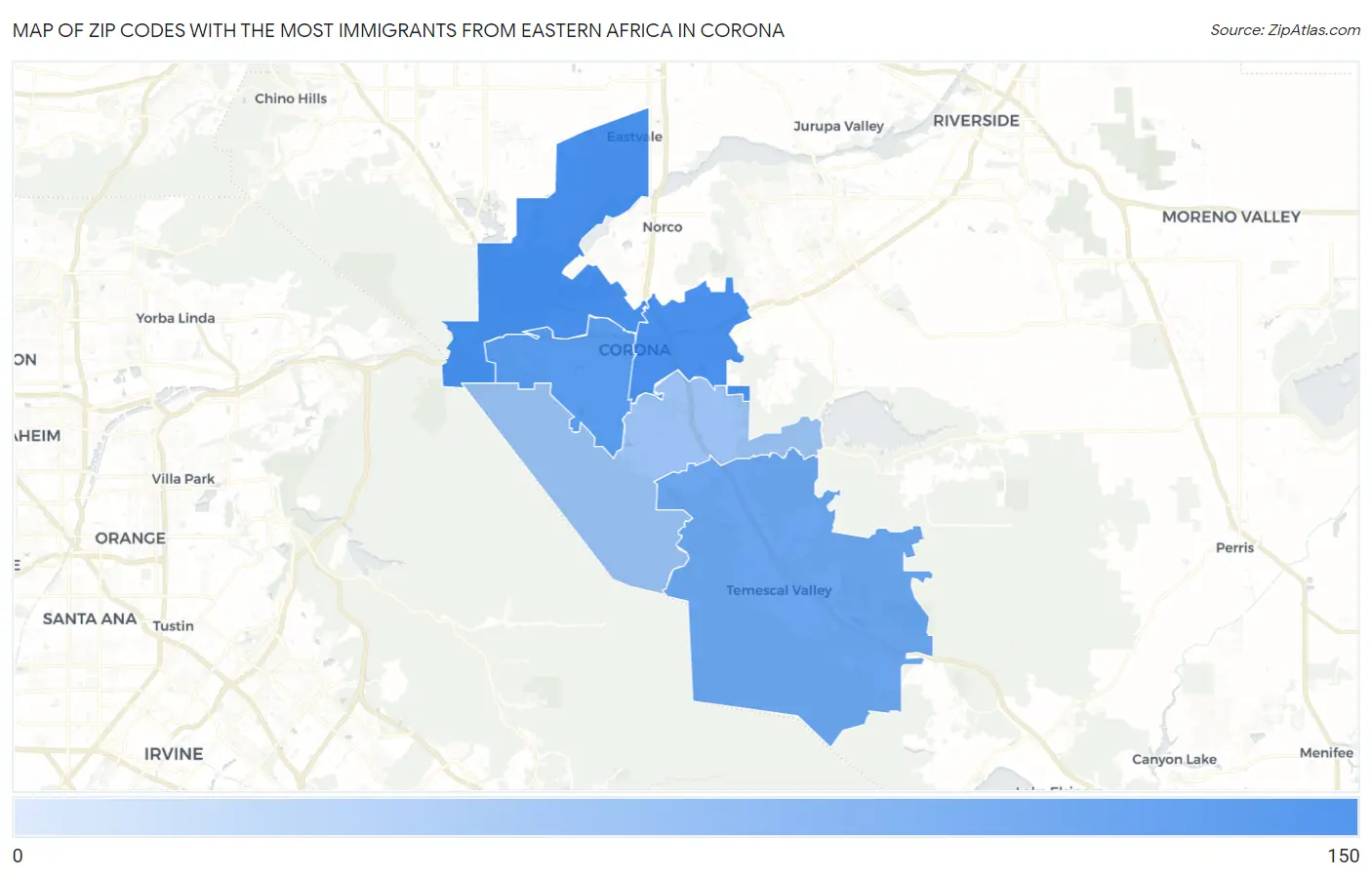Zip Codes with the Most Immigrants from Eastern Africa in Corona Map