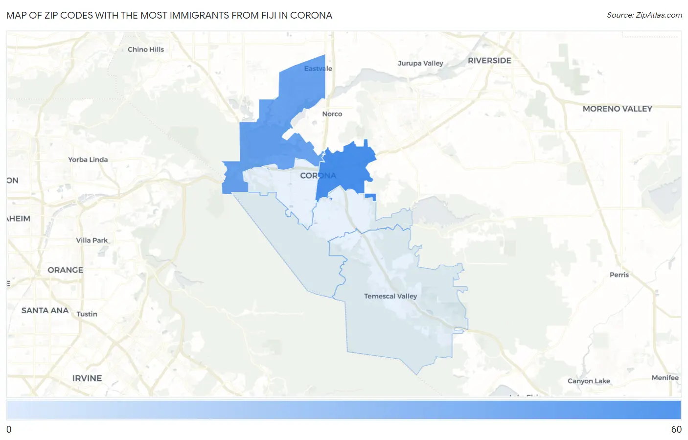 Zip Codes with the Most Immigrants from Fiji in Corona Map