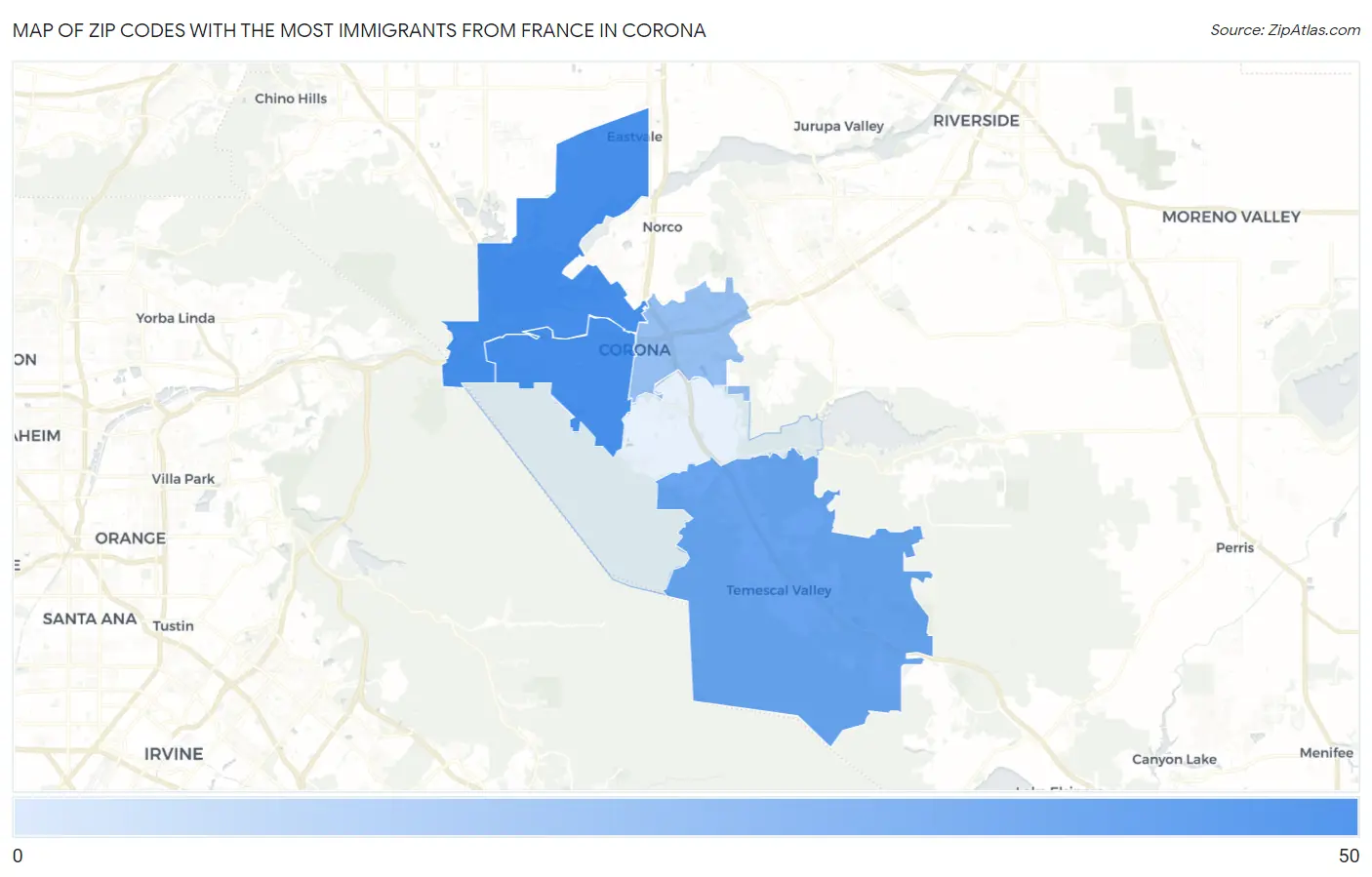 Zip Codes with the Most Immigrants from France in Corona Map