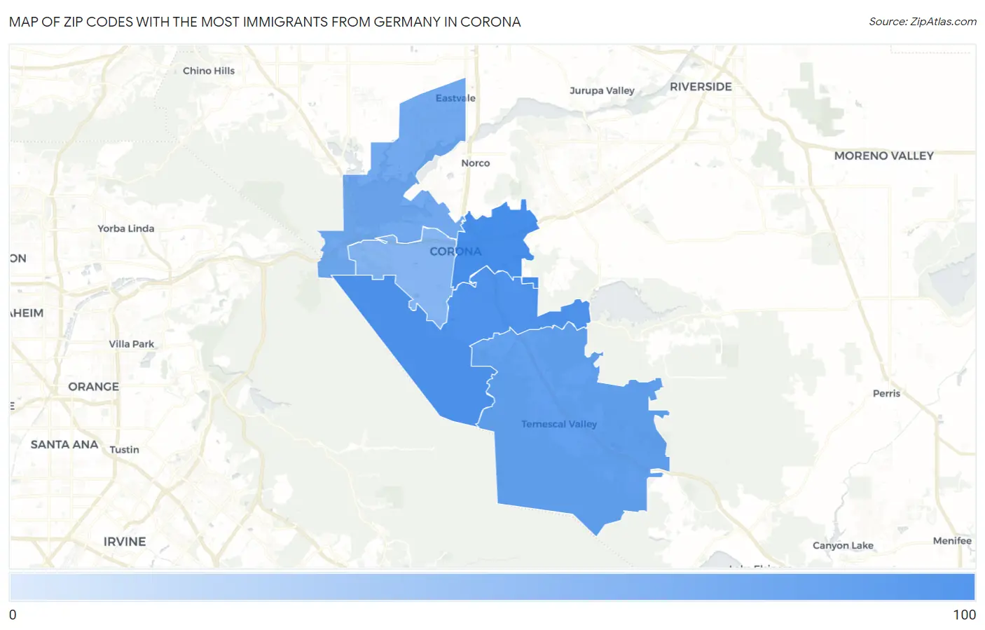 Zip Codes with the Most Immigrants from Germany in Corona Map